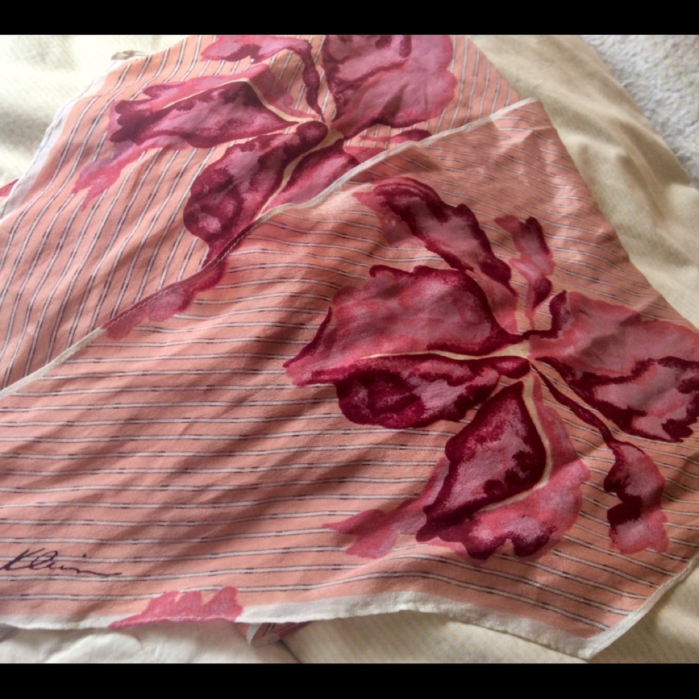 2 Silk Scarves AnneKlein Orchid & Blk Pink Flowers - Picture 6 of 7